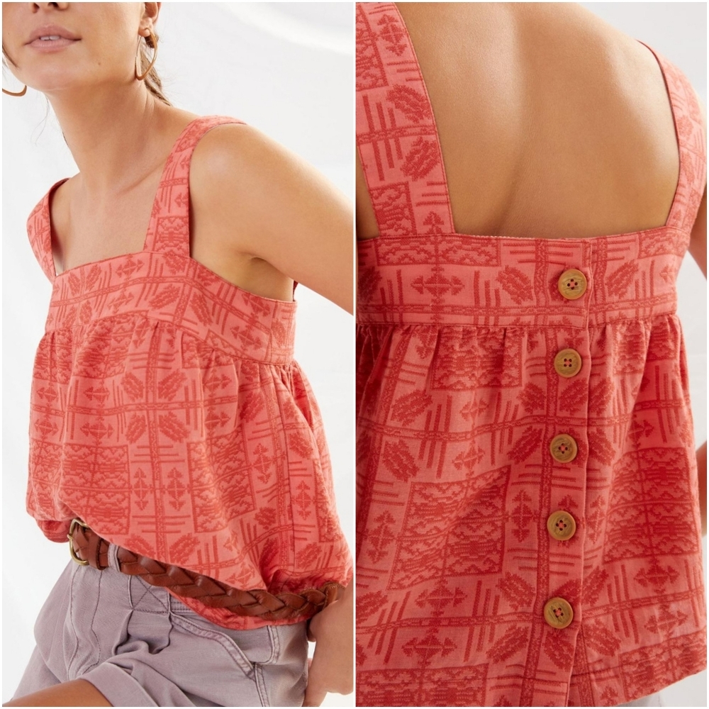 Anthropologie Coral Patterned Square-Neck Tank Top